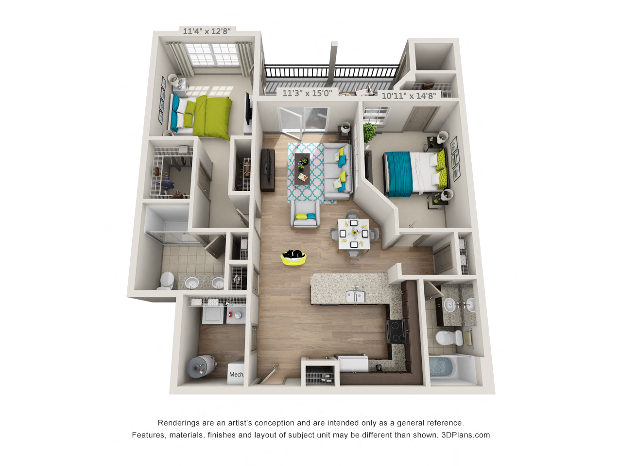 Floor plan for 2 beds, 2 baths, 1166 sqft